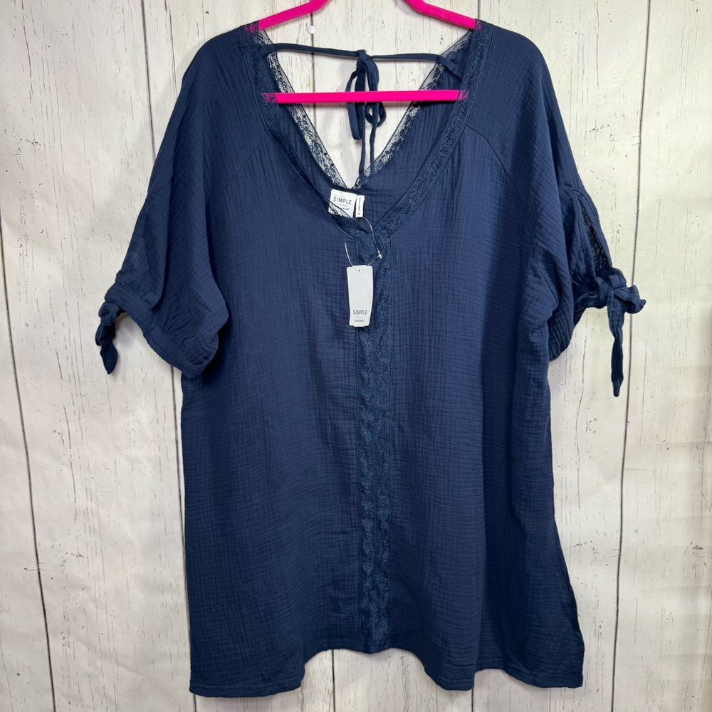 Simple Suzanne Betro Navy Lace Tunic Top Blouse 1X Boho Cottagecore Coastal Chic